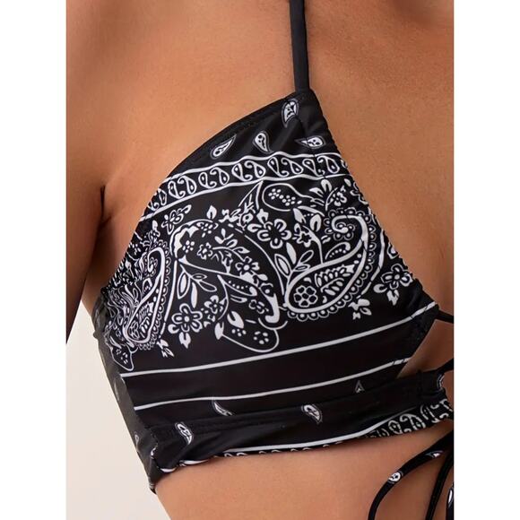 Black and White Paisley Halter Neck Centre Core Tie String Bikini SMALL - Picture 5 of 7